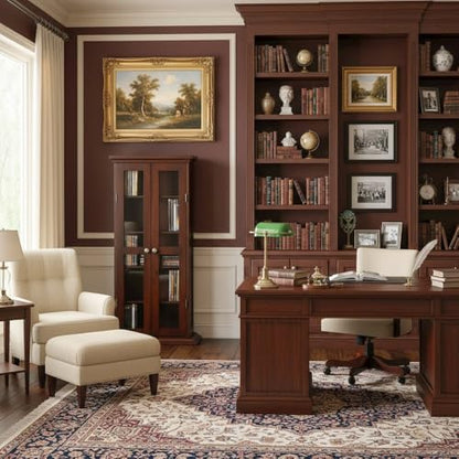Furnifact Media Storage Cabinet, Double Wood Trim Glass Doors, 4 Adjustable Shelves, Solid Wood, Walnut Finish