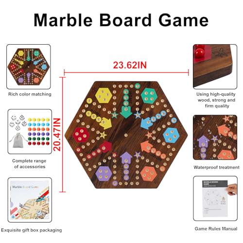 Extra Large 23.6 Inches Wahoo Marble Board Game 4 and 6 Players 2 Sided Painted Thicken Wood Board Perfect Game for Family Friends Party (Brush Paint Burn) - color: Flame, style: 23.6 Inch
