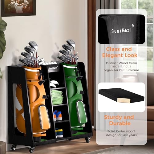 Golf Bag Organizer for 2-Bags Storage - Wooden Golf Bag Stand Rack with Wheels, Heavy Duty Space Saving Golf Club Holder, for Golfers, Husband, Father