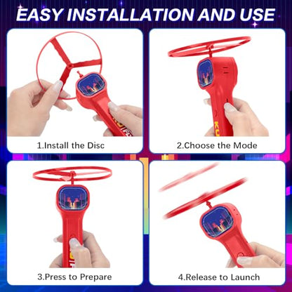 Rechargeable Disc Launcher with 6 Flying Spinners for Outdoor Activities Game White Elephant Gift Fidget Toys (Red) - color: Red