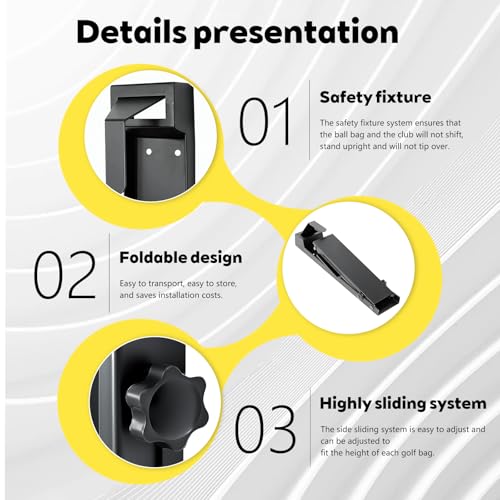 Wall Mount Golf Bag Stand Storage Rack，Upgraded Foldable ，Anti-Slip, Highly Adjustable in Freedom，Golf Bag wall Rack is Suitable for Homes, Clubs, Training Grounds