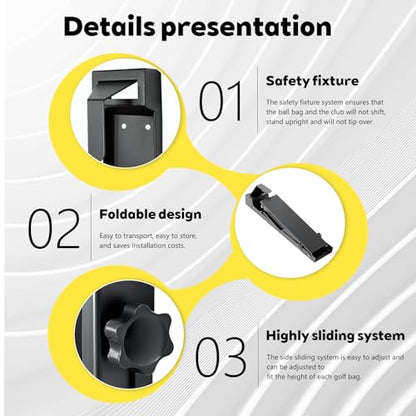 Wall Mount Golf Bag Stand Storage Rack，Upgraded Foldable ，Anti-Slip, Highly Adjustable in Freedom，Golf Bag wall Rack is Suitable for Homes, Clubs, Training Grounds
