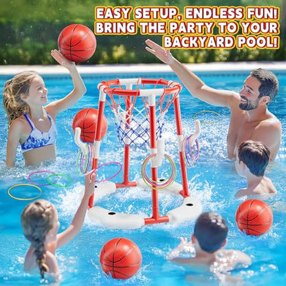 Pool Basketball Hoop for Kids Ages 4-8 & 8-12 - Floating Game Set with Water-Fillable Base, Pump, Toss Targets & Sticky Balls, Pool Games Backyard Swimming Pool Toys for Outdoor Summer Family Fun - color: Red