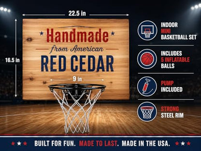 Elite Mini Basketball Hoop & Ball Set, Wall Mount, Indoor Made in the USA Cedar Backboard. Includes 9” Hoop, Net, Pump & 5 Mini Basketballs.