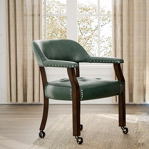 Set of 4 Dining Leather Chairs with Casters and Arms, Accent Kitchen Table Chairs with Wheels, Wood Captains Rolling Roller Poker Table Chair, Espresso&Green 1910GN(NO Table!) - color: Espresso&green