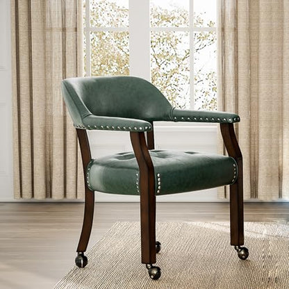 Set of 4 Dining Leather Chairs with Casters and Arms, Accent Kitchen Table Chairs with Wheels, Wood Captains Rolling Roller Poker Table Chair, Espresso&Green 1910GN(NO Table!) - color: Espresso&green