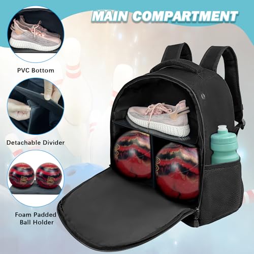 WOLT Bowling Ball Bag,2 Ball Bowling Backpack with Protective Foam Padded & Shoe Compartment Fits Up to Mens Size 16 - color: Black
