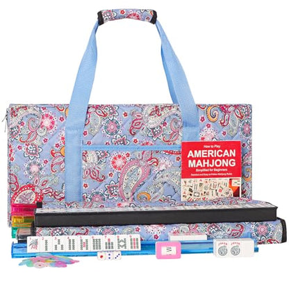 ZGME American Mahjong Set,166 White Tiles with Printed Rectangular Bag and Accessories,4 All-in-One Mahjong Racks with Pushers,Complete Western Mahjong Set - color: Light Blue