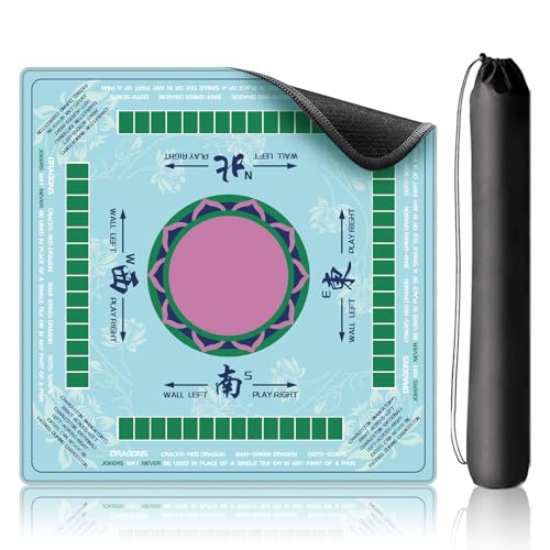 Traditional Chinoiserie Mahjong Mat for Table with Rules, 33×33", Turquoise | Anti-Slip, Waterproof, Noise-Reducing Table Cover for American Mahjong, Poker, Board Games , Dominoes, and Card Games - color: Cyan