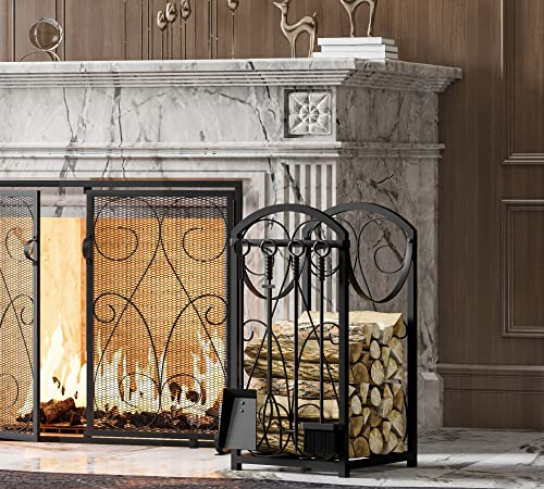 Kingson Firewood Rack Indoor Wood Holders Fireplace Tool Rack Outdoor Log Holder Rack Lumber Storage Stacking Fireplace Tools Set Wood Stove Accessories Black