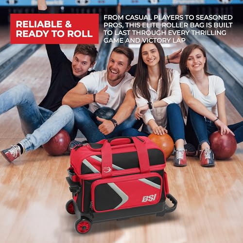 BSI Dash Roller Bowling Bag with Smooth Rolling Wheels, Padded Ball Compartment, Retractable Locking Handle, & Shoe Pocket - color: Black/Red/Gray, style: Double