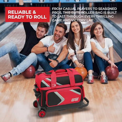BSI Dash Roller Bowling Bag with Smooth Rolling Wheels, Padded Ball Compartment, Retractable Locking Handle, & Shoe Pocket - color: Black/Red/Gray, style: Double