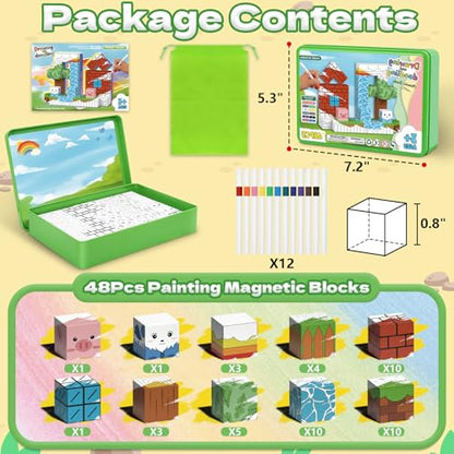 Intoypad Magnetic Blocks Painting Travel Toys for Kids, 48PCS Magnetic Building Blocks with 12 Paint Pens & Iron Box Art Craft Kits Magnet Blocks Cube Birthday Gifts for Boys Girls Road Trip Car Games