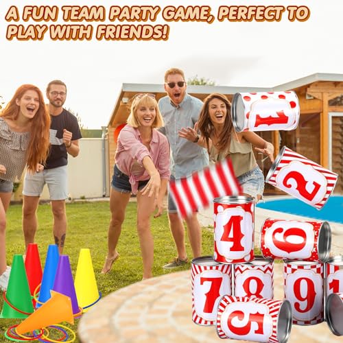29 Pcs 4 in 1 Carnival Games Set: Bean Bags, Plastic Cones, Carnival Cans, Rings for Adults, Teens, Indoor & Outdoor Games