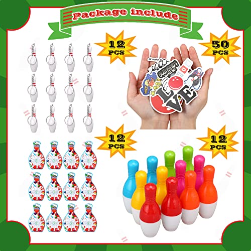 Deekin Bowling Party Favors 12 Pcs Pin Keychain 12 Pcs Ballpoint Pen Mini Bowling Set 50 Pcs Stickers for Goodie Bag Fillers and Small Prizes