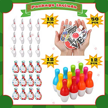 Deekin Bowling Party Favors 12 Pcs Pin Keychain 12 Pcs Ballpoint Pen Mini Bowling Set 50 Pcs Stickers for Goodie Bag Fillers and Small Prizes