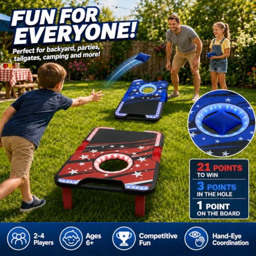 Foldable Cornhole Board Set with LED Lights, Sound Effects & Built-in Score Slider, Outdoor Bean Bag Toss Game for Kids Adults, Portable Backyard Camping Party Game Set with 2 Boards 8 Bags