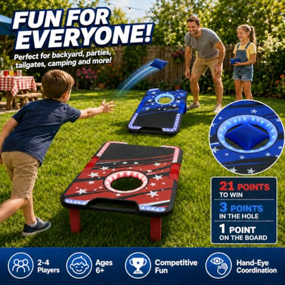 Foldable Cornhole Board Set with LED Lights, Sound Effects & Built-in Score Slider, Outdoor Bean Bag Toss Game for Kids Adults, Portable Backyard Camping Party Game Set with 2 Boards 8 Bags