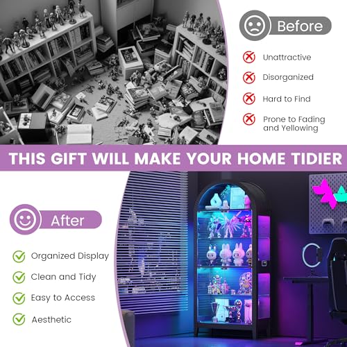 Gurexl 5-Tier Arched Glass Display Cabinet, Motion Sensor RGB LED Showcase with Music Sync Light & Adjustable Shelves, Tempered Glass Curio Cabinet for Action Figures Trophies Collectibles, Black - color: Black-80008a