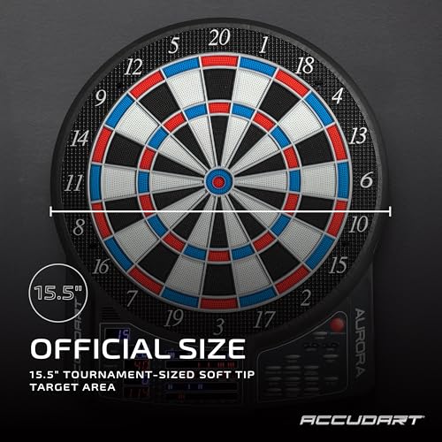 Accudart Aurora 15.5” Tournament‑Size Electronic Dartboard – 41 Games, 323 Variations, 10 LED Displays for 16 Players, Virtual Opponent, Wide Catch Ring – Includes AC Adapter & Darts