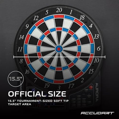 Accudart Aurora 15.5” Tournament‑Size Electronic Dartboard – 41 Games, 323 Variations, 10 LED Displays for 16 Players, Virtual Opponent, Wide Catch Ring – Includes AC Adapter & Darts