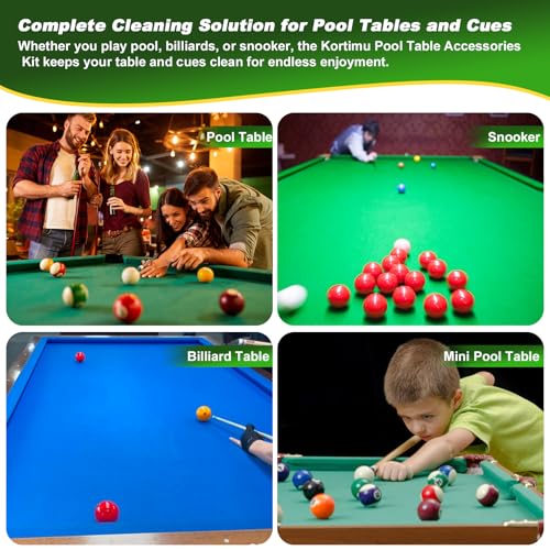 Billiard Pool Table Brushe Kit: 10 Piece Set with 2 Pool Table Brushes,2 Ferrule Polish Cloths,2 Cue Polish and Cleaning Cloths,Lint Roller,Dustpan and Broom,15 Marker Dots,15 Felt Repair Patches