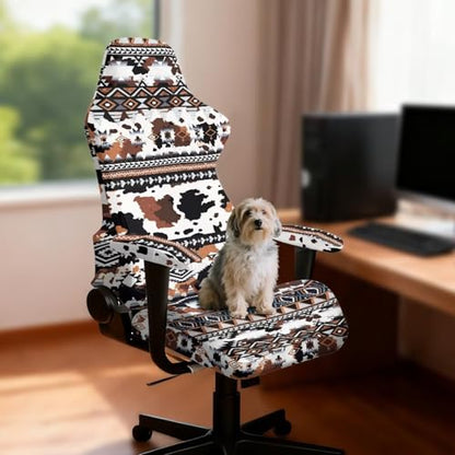 Suobstales Aztec Cow American Tribal Pattern Gaming Chair Cover Washable Gaming Chair Slipcovers with Armrest Covers, Anti-Scratch Universal Fit Ergonomic Office Desk & Racing Computer Gamer Chairs - color: Aztec Cow American Tribal