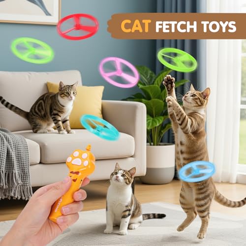 Cat Fetch Toy, Rechargeable Flying Disc Launcher with 6 Flying Discs, Cat Interactive Hunting Toys for Outdoor & Indoor (Yellow) - color: Yellow