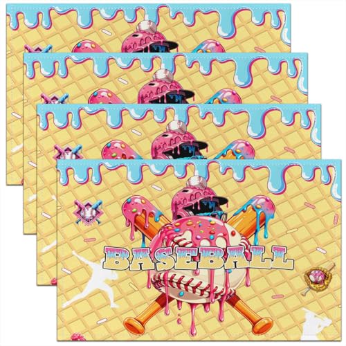 Ice Cream Drip Baseball Kids Placemats Set of 4,Baseball Bat Ball Sport Player Fans Table Place Mats,Waffle Cake Dessert Kitchen Decor,Pink Yellow Placemat Kitchen Table Decoration 12"x18" - color: Pink Yellow