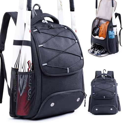 Youth Baseball Bag Backpack with Bat Holder for Boys Girls Baseball & Softball Bat Bag for T-Ball Equipment, Kids Baseball Backpack with Shoe Compartment & Glove Storage - color: Black