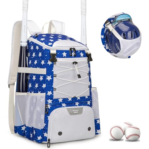 KAVIGOR Baseball Bag for Youth and Adult, Softball Backpack 40L Large Capacity, Bat Backpack with Shoes Compartment and Hidden Helmet Holder - color: White & Blue