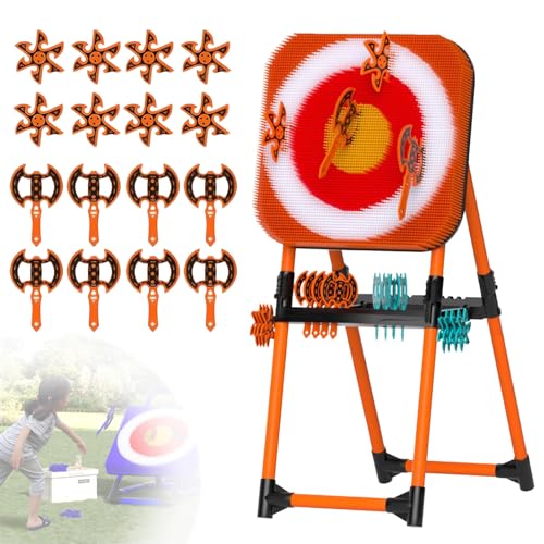Throw Target Game Set, 2-in-1 Axe Throw & Lawn Dart Combo Backyard Game Set, with 8 Long-Handled Flying Axe & 8 Six-Star Dart for Family Kids Adults Orange-Plasticpipe
