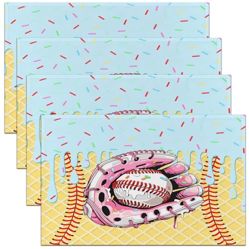 Castle Fairy Ice Cream Drip Baseball Kids Placemats Set of 4,Baseball Bat Gloves Ball Sport Game Table Place Mats,Waffle Biscuit Dessert Kitchen Decor,Pink Placemat Kitchen Table Decoration 12"x18" - color: Pink Yellow