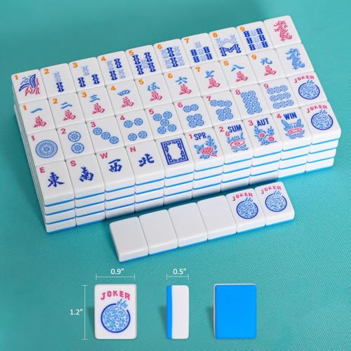 American Mahjong Game Set, 166 Blue Tiles (1.2”), 4 All-in-One Color Rack/Pushers & Drawstring Bag, Complete Mahjong Sets with Blue Printed Carrying Bag and Mahjong Tile Set Accessories - color: Blue