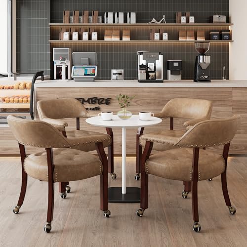 Set of 4 Dining PU Leather Chairs with Casters & Arms, Accent Kitchen Table Chairs with Wheels, Wood Captains Rolling Roller Poker Table Chair, Cherry&Yellowish Brown PU 1533PMB(NO Table!) - color: Cherry &Yellowish Brown Pu