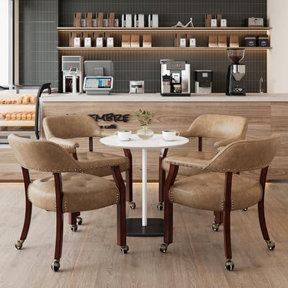 Set of 4 Dining PU Leather Chairs with Casters & Arms, Accent Kitchen Table Chairs with Wheels, Wood Captains Rolling Roller Poker Table Chair, Cherry&Yellowish Brown PU 1533PMB(NO Table!) - color: Cherry &Yellowish Brown Pu