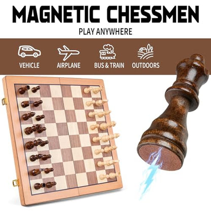 AMEROUS Magnetic Wooden Chess Set, 15 Inches Handmade Wooden Folding Travel Chess Board Game Sets with Chessmen Storage Slots for Kids and Adults, 2 Bonus Extra Queens, Gift Box Packed