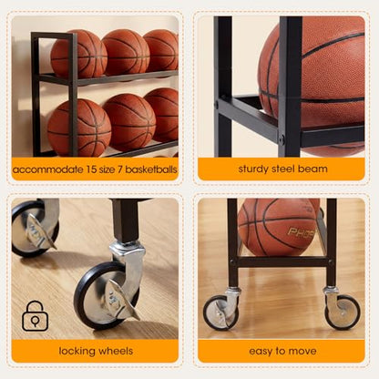 Colingmill Heavy Duty Basketball Rack with Wheels, Multi-Tier Rolling Ball Storage Cart, Sports Equipment Organizer for School, Gym, Club Shoot Training - size: 18ball