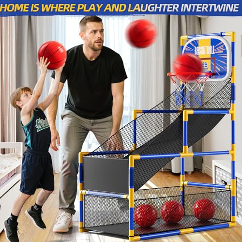 Arcade Basketball Game Indoor, Kids Ajustable Basketball Hoop, Outdoor Carnival Sports Play Toy with 4 Balls and Air Pump, Educational Birthday Gift for Boys Girls 3 4 5 6 7 8 Year Old (Blue)