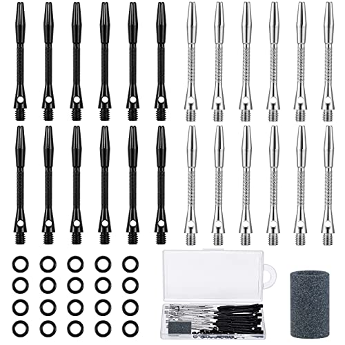 24 Pieces Aluminum Dart Shafts Shafts for Darts Steel Tip Soft Tip Dart Accessories 1.97 Inches Hard Metal Dart Stems with Rubber O Rings Darts Sharpener for Sports Outdoor Dart Flight (Black, Silver)
