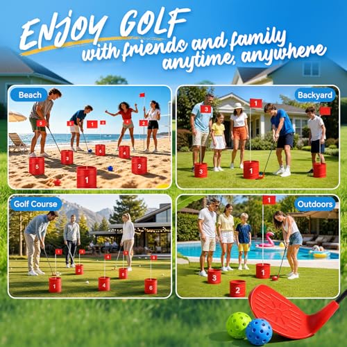 6 Hole Golf Bucket Yard Game, Backyard Golf Set with 2 Adjustable Telescopic Clubs, Portable Outdoor Indoor Golf Chipping Game for Adults Family Beach Camping Party with Carry Bag Scoreboard