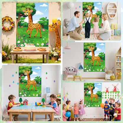 PLULON Pin The Tail on The Giraffe Party Game, Birthday Games Big Giraffe Poster with Tail Stickers for Zoo Animal Party Favors Wall Decorations Birthday Activities Jungle Party Supplies - style: Giraffe