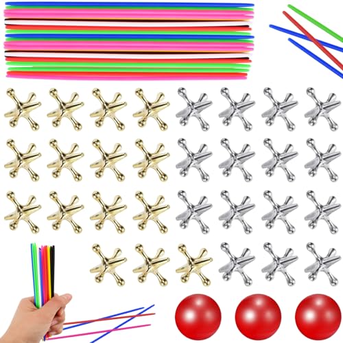ZeeDix 3 Sets Jacks Game and Pick Up Sticks, 180 Pcs Sticks and 30 Pcs Metal Jax with 3 Pcs Red Rubber Balls, Classic Pick Up Sticks Game for Kids Adults Family - style: 3 Set