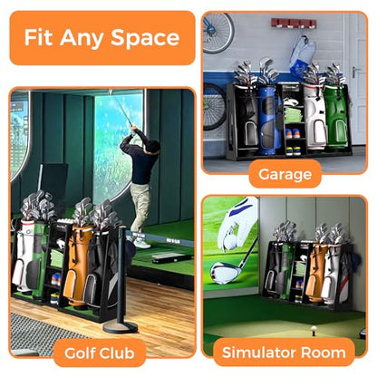 SuniBoxi Golf Organizer for Garage, XL Wooden Golf Bag Storage Rack for 4 Bags, Clubs, Balls & Equipment, Heavy-Duty Golf Bag Holder, Ideal Gift for Golfers, Dad, Husband(4 Bags,Dark Black) - size: 4 Bags