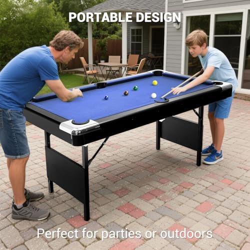 GarveeLife 6 Foot Pool Table, Folding Pool Table, Portable Billiards Tables Includes Full Set of Billiard Balls, 2 Cue Sticks, Chalk & Felt Brush for Family Game Room - color: Blue