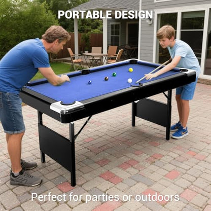 GarveeLife 6 Foot Pool Table, Folding Pool Table, Portable Billiards Tables Includes Full Set of Billiard Balls, 2 Cue Sticks, Chalk & Felt Brush for Family Game Room - color: Blue