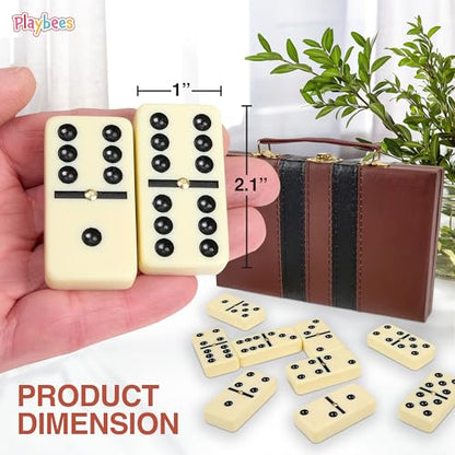Playbees Jumbo Double Six Dominoes Set - 28 White Classic Tiles in Faux Leather Case - Fun Educational Toy for Kids, Boys, Girls, Classroom Kit, Classic Game Night Party Favors Set, Travel-Friendly - size: Ivory, style: Classic