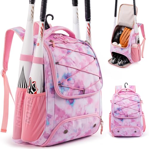 Youth Baseball Bag Backpack with Bat Holder for Boys Girls Baseball & Softball Bat Bag for T-Ball Equipment, Kids Baseball Backpack with Shoe Compartment & Glove Storage - color: Pink