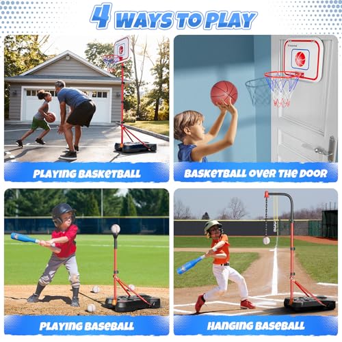 HopeRock 2 in 1 Kids Basketball Hoop and T Ball Set, Adjustable Basket Ball Stand,Hanging Tee Baseball for Toddlers Boys Girls Ages 2 3 4 5 6 7 8 Years Old, Outdoor Toys Gifts