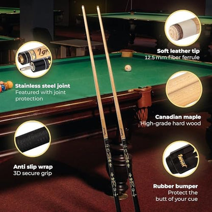 IgnatGames Professional Pool Cue Set – 58" 2-Piece Canadian Maple Stick with Low Deflection Shaft, Hard Case, Tip Maintenance Tool and Accessories